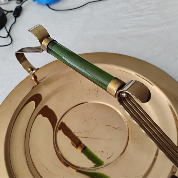 Vintage Rose gold plated mid century cake plate with cake server green lucite ha - Picture 2 of 5